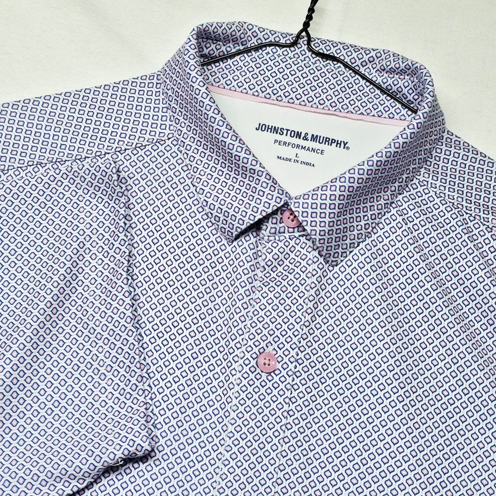 Johnston & Murphy Performance Shirt Men's L Pink Navy Geometric Short Sleeve